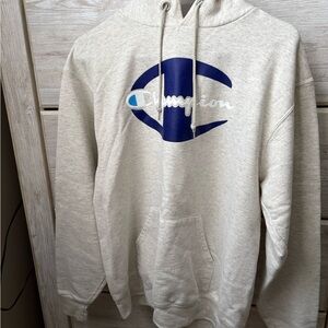 Champion Men's Off-White Hoodie with Blue Logo